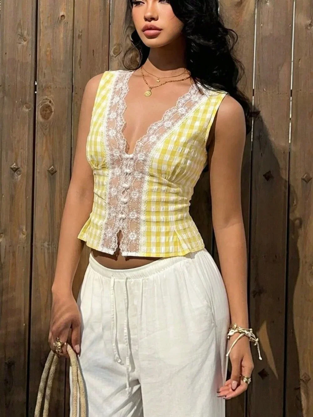 Yellow Sexy Women's Plaid & Lace Patchwork Sleeveless Blouse top - Picture 7 of 8
